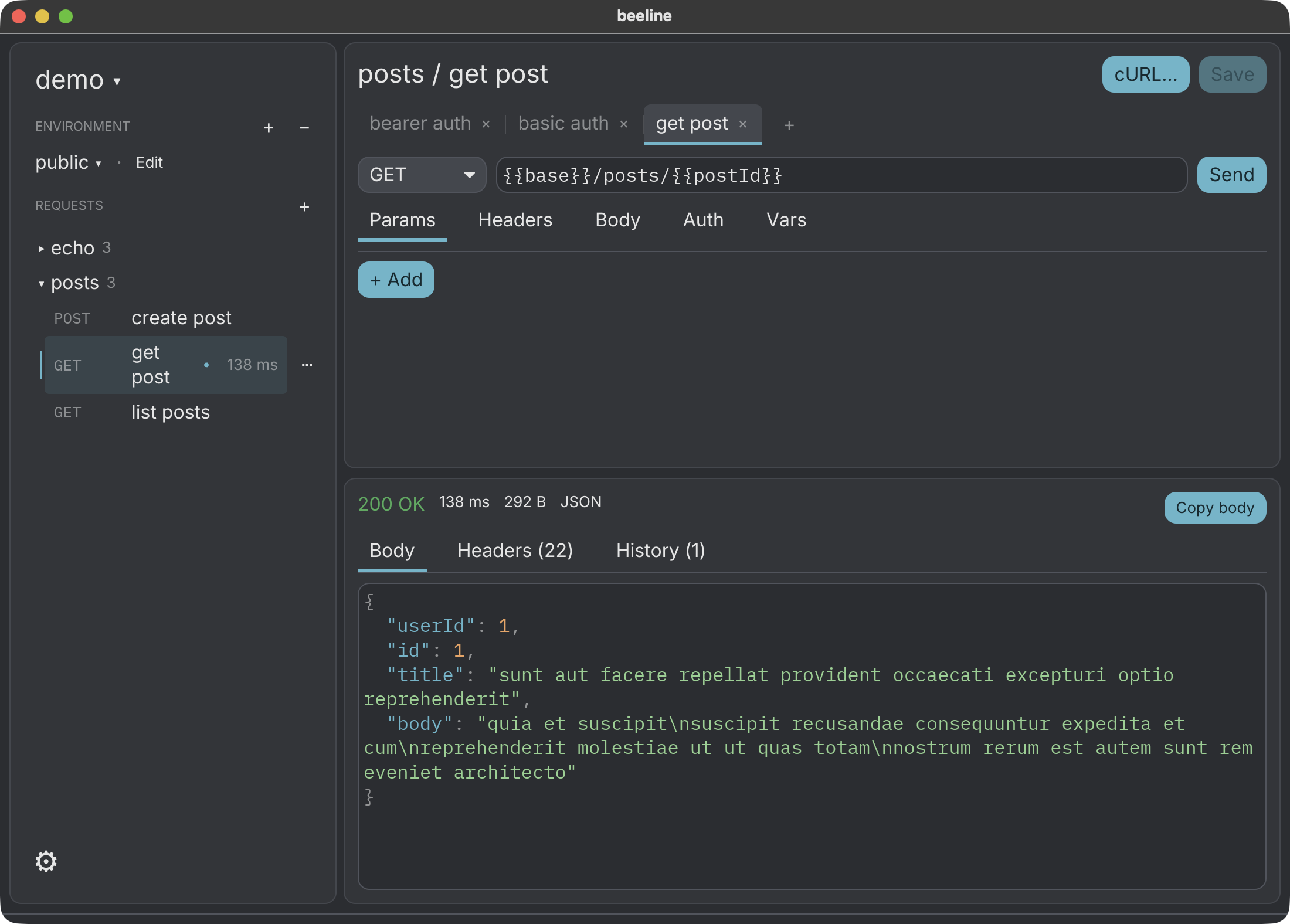 screenshot of the beeline api client